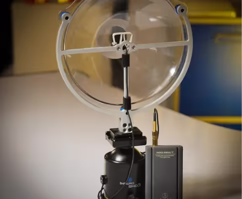 a Sound Shark long-range mic mounted on a ball head