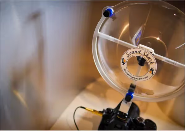 a Sound Shark microphone mounted on a hybrid camera
